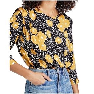 BA&SH  Bali Floral Blouse Black & Yellow 3/4 Sleeves Size Large